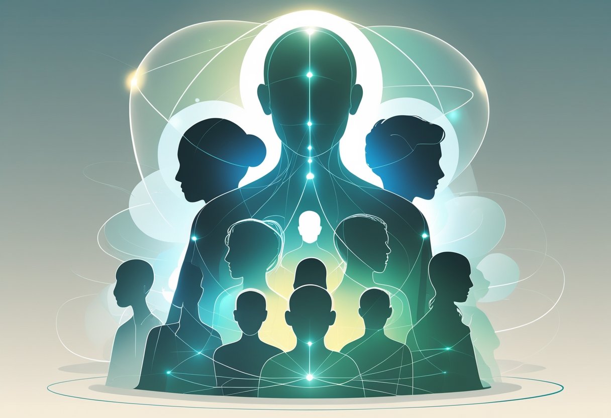 Figura humana com várias silhuetas internas representando diferentes partes da personalidade, conectadas por linhas suaves, em um ambiente calmo e equilibrado.