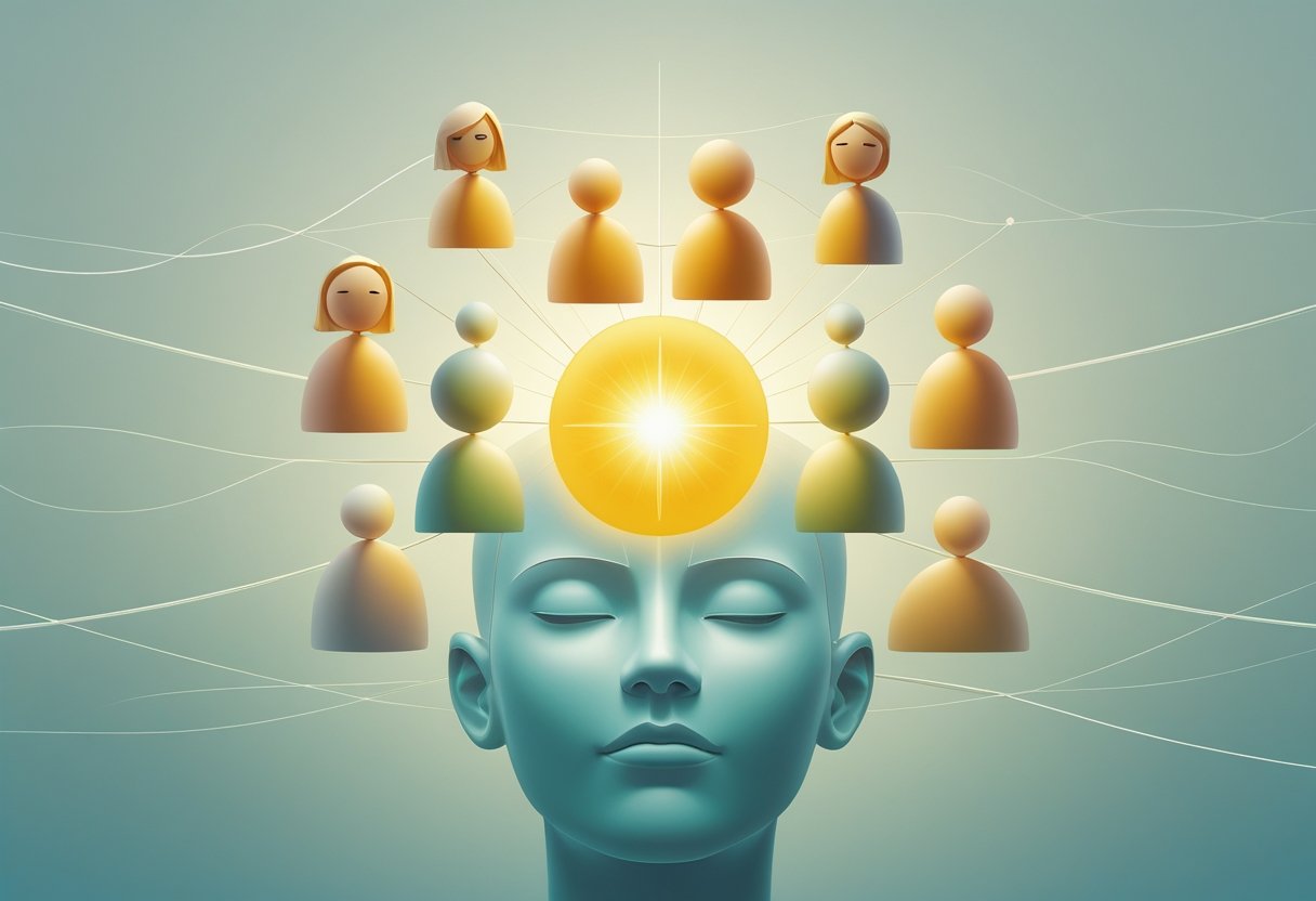 Ilustração mostrando uma figura central iluminada representando o Self, cercada por várias figuras menores que simbolizam diferentes partes da personalidade, conectadas por linhas suaves em um fundo calmo e neutro.