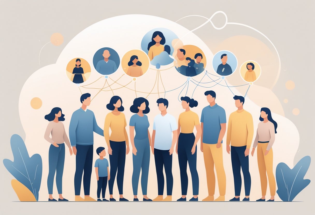 Grupo diverso de pessoas conectadas por linhas suaves, representando membros da família e partes internas em harmonia.