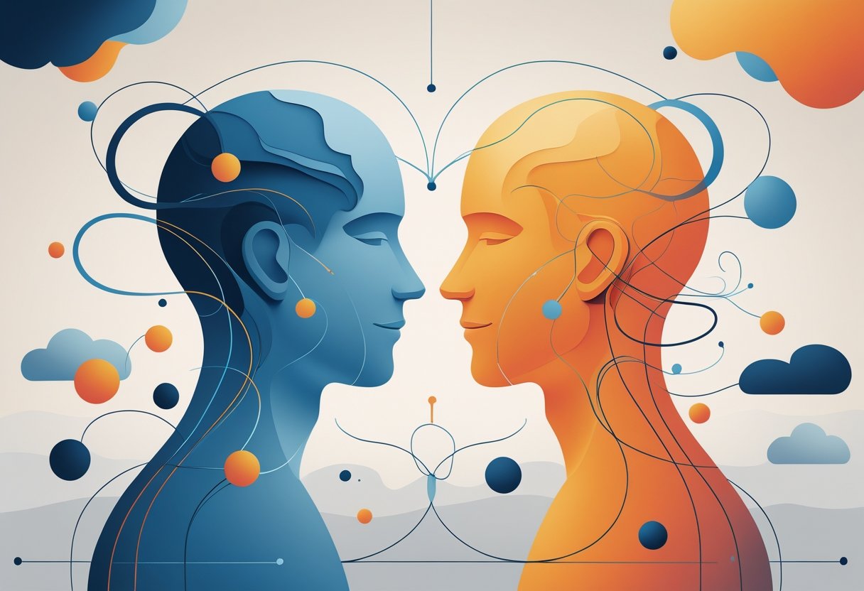 Duas figuras humanas abstratas conectadas por linhas entrelaçadas que representam a troca emocional entre paciente e terapeuta.