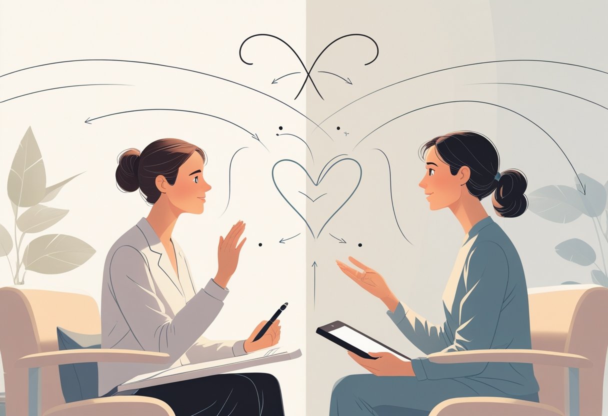 Um terapeuta e um paciente sentados em uma sala de terapia, interagindo de forma atenta e empática, simbolizando a troca emocional entre eles.