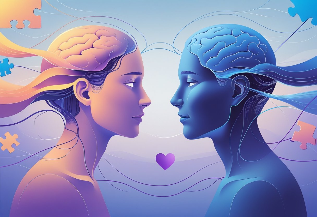 Duas figuras humanas abstratas frente a frente, conectadas por linhas entrelaçadas que representam a troca emocional e mental entre paciente e terapeuta.